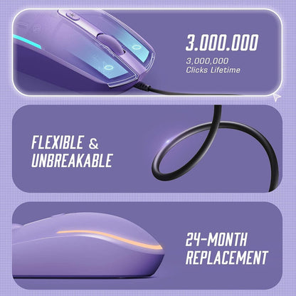 Wired Mouse - USB Computer Mice Wired with RGB Backlit Optical LED Mouse with Attached USB Cord for Laptops Notebooks Chromebook - Purple