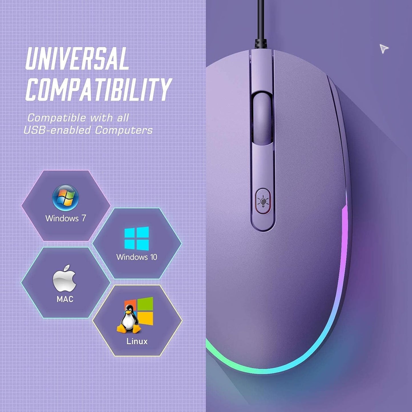 Wired Mouse - USB Computer Mice Wired with RGB Backlit Optical LED Mouse with Attached USB Cord for Laptops Notebooks Chromebook - Purple