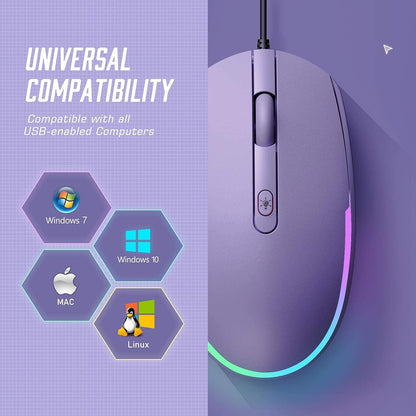 Wired Mouse - USB Computer Mice Wired with RGB Backlit Optical LED Mouse with Attached USB Cord for Laptops Notebooks Chromebook - Purple